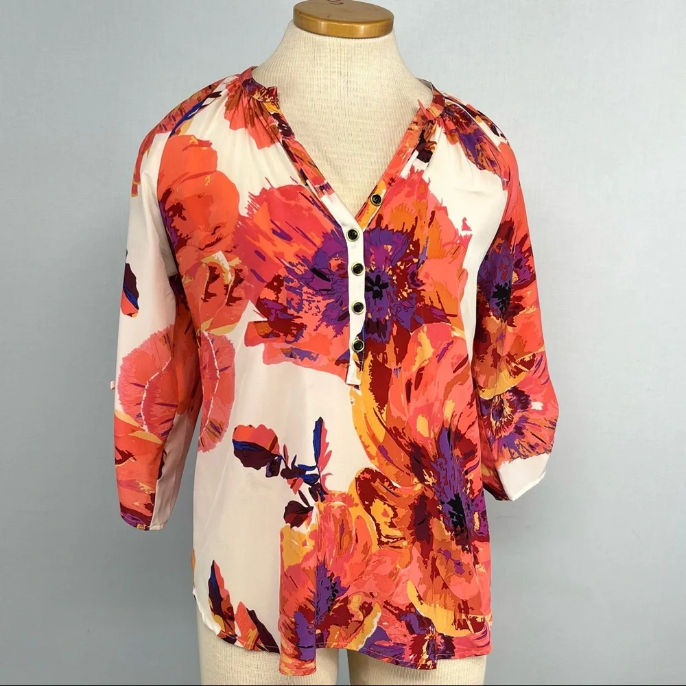 Yumi Kim Silk Floral Long Sleeve Yumi  Top Size XS in Cream and Coral - Picture 9 of 9